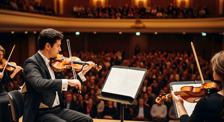 Violinist performing in concert hall with orchestra