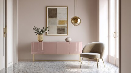new art deco soft entryway, glossy blush panel, floating console, brass globe pendant, terrazzo floor, soft shadows
