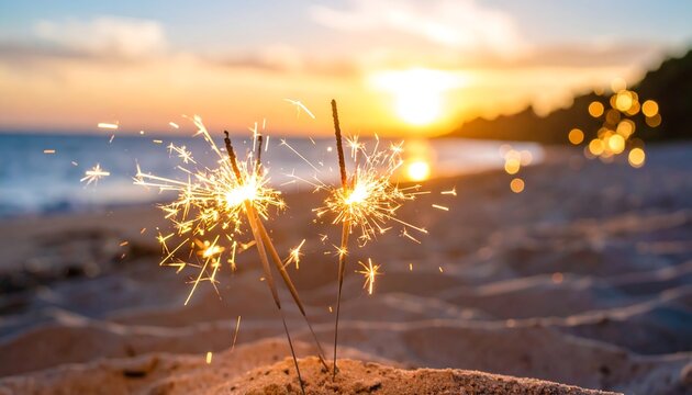 Sparkler sunset on beach - Powered by Adobe