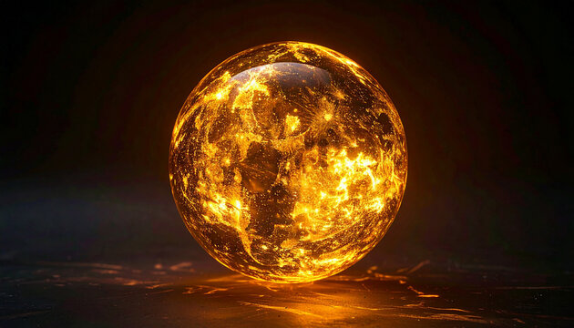 Mystical golden orb, glowing brilliantly against dark background. Sphere with magical glow.