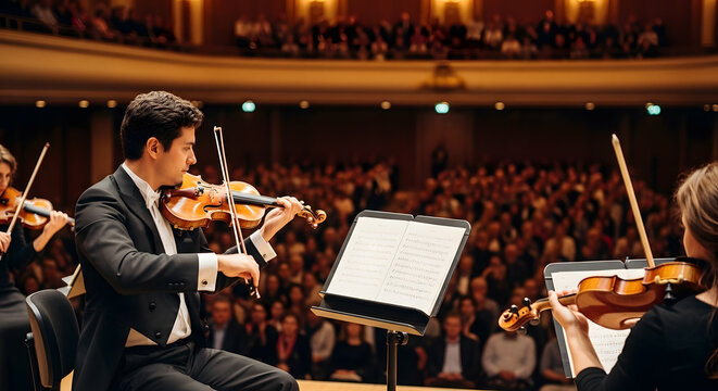 Violinist performing in concert hall with orchestra