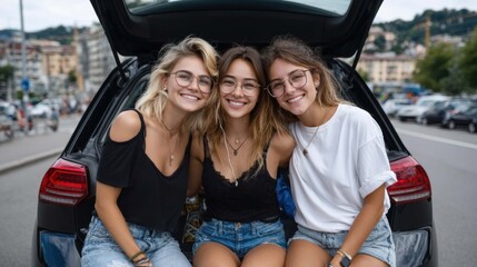 Happy Young Women Traveling Together Near Car in Cityscape