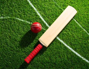 Cricket bat and ball on green field