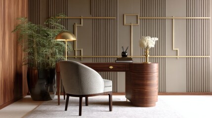 new art deco soft workspace, half moon desk in walnut, mirror wall panels, velvet chair, brass desk lamp, warm indirect glow