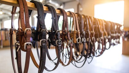 Leather horse bridles hanging in a row