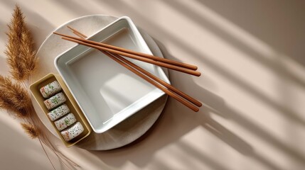 Minimalist Sushi Serving Setup with Chopsticks and Decorative Elements