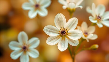 Close-up of delicate white flowers with yellow and brown background, showcasing floral details.