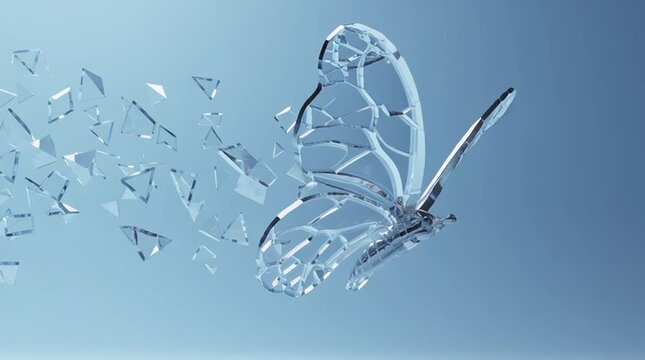 broken glass fragments flying upward forming delicate butterfly shape photorealistic side view with ethereal feeling light blue background hyperreal studio