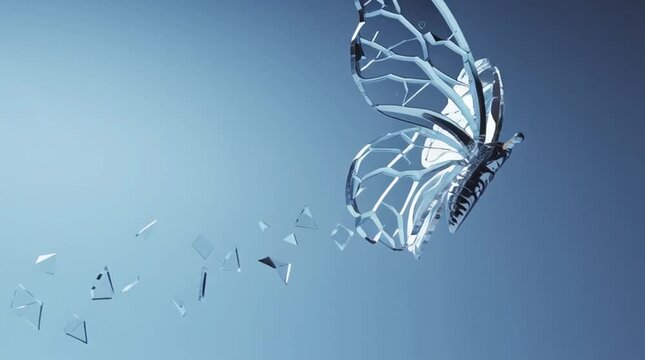 broken glass fragments flying upward forming delicate butterfly shape photorealistic side view with ethereal feeling light blue background hyperreal studio