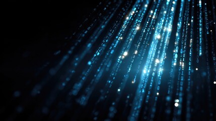 Glowing blue binary code streams down a dark background, resembling a digital waterfall or rain, with varying intensity and sparkle