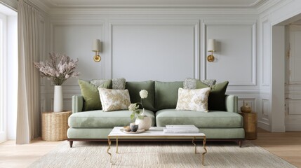organic vintage french eclectic living room full view, sage green sofa, ceiling moulding, brass wall sconce, white clay walls, soft daylight