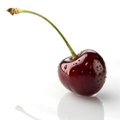Single ripe cherry with water droplets on white background