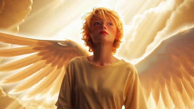 Young boy with curly blond hair and angel wings standing in golden light, gazing upward with intense expression. Dramatic illumination highlights ethereal atmosphere.