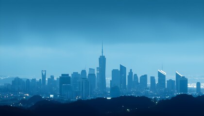 Obraz premium A cityscape silhouette shows a skyline of tall buildings against a blue, hazy sky with dark hills in the foreground.