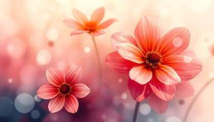 Fototapeta premium Delicate, coral-toned flowers in soft focus, bathed in a warm, dreamy light.