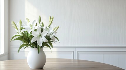 A minimalist white vase holding a bunch of delicate lilies on a dining table. © RaNy