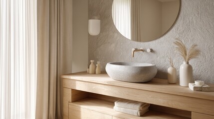 scandi rustic bathroom full view, oval ceramic sink on oak vanity, textured clay wall, round wall lamp, linen curtain, soft ambient light, cozy organic