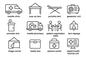 Fototapeta premium Mobile clinic setup elements: tent, bed, generator, sink, pharmacy