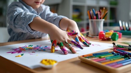Child Engaged in Creative Finger Painting at Art Desk with Supplies