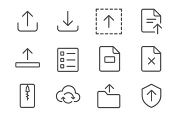 Set of 12 upload and download icons on dark background