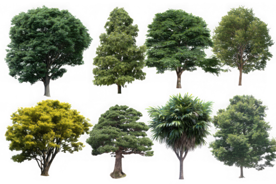 Collection of diverse deciduous and coniferous trees isolated on transparent background