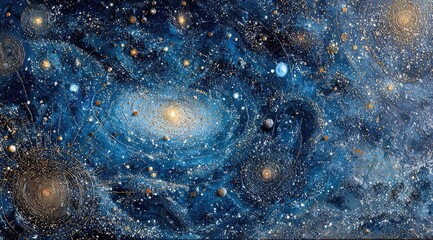 Fototapeta premium A vibrant, swirling galaxy depicted in blues and golds, speckled with numerous planets and stars, suggesting vastness and cosmic wonder