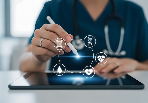 Doctor using a tablet with medical icons and digital interface