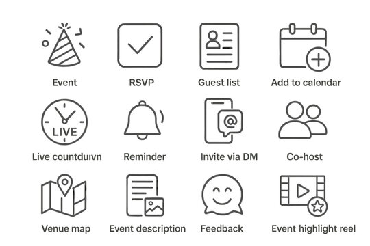 Event planning icons including rsvp, calendar, guest list, and reminder