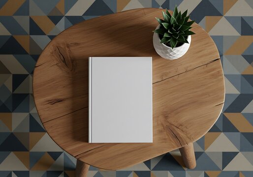 Blank book and potted plant on a round wooden table