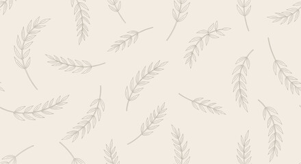 Soft pastel beige background with delicate gray feathers scattered across the surface creating a subtle and elegant texture
