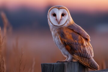 Majestic barn owl perched in twilight over golden fields of silence