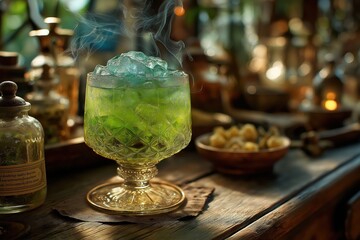 Chartreuse elixir cocktail glows in crystal glass beside vintage apothecary tools
