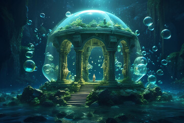 Obraz premium Ancient Underwater Temple Encased in a Glass Bubble – Fantasy Scene