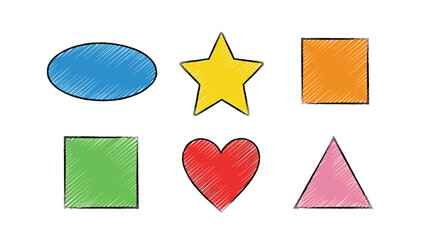 A collection of simple geometric shapes drawn with a textured crayon style