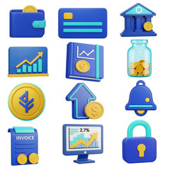 Colorful 3D finance icons set including wallet, chart, coin jar, invoice, bell, lock, and banking elements for UI design

