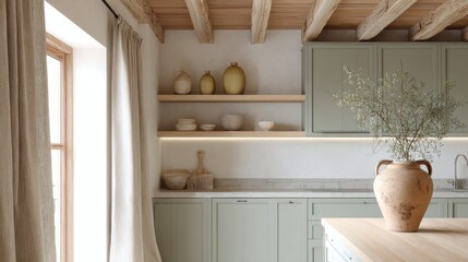 scandi rustic kitchen full view, soft green closed cabinets, exposed oak ceiling beams, terracotta ceramic vase, linen curtains, hidden light strip