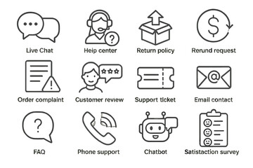 Customer service and support icons for online assistance and communication