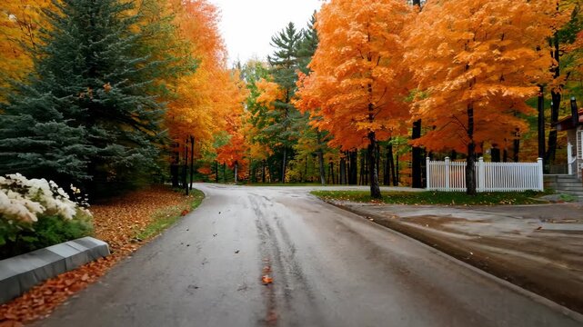Colorful autumn drive through tree-lined street in peaceful neighborhood showcasing vibrant fall foliage