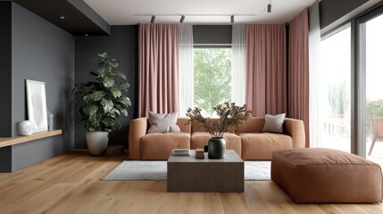scandi rustic living room full view, caramel fabric sofa, matte graphite wall, oak floor, dusty pink curtains, warm indirect lighting, bold calm interior