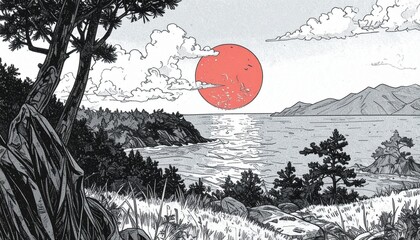 Japanese Sunset Over the Sea with Red Sun