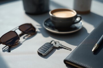 Car key fob rests on cluttered table, daylight highlighting metallic practical design
