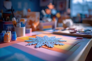 Child’s desk with paper snowflake, glue stick, scissors, creative school moment