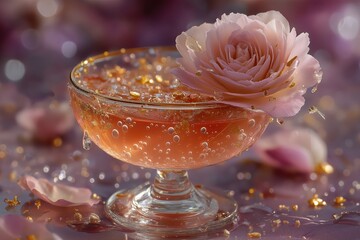 Shimmering champagne jelly dessert with gold flakes and surreal sugar garnish