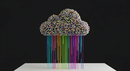 Colorful Digital Cloud with Multi-Colored Spectrum Rainfall Digital Illustration Depicting Data and Technology Flow