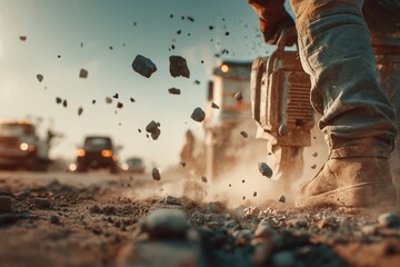 Side view captures urban labor as worker drills concrete wearing full safety gear