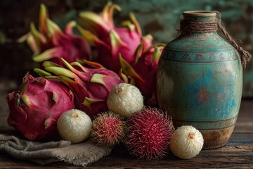 Tropical fruits on rustic wooden table with linen and antique vase still life
