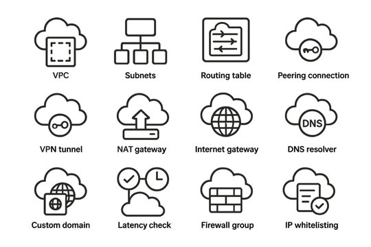 Cloud network infrastructure icons: vpn, dns, firewall, peering connection