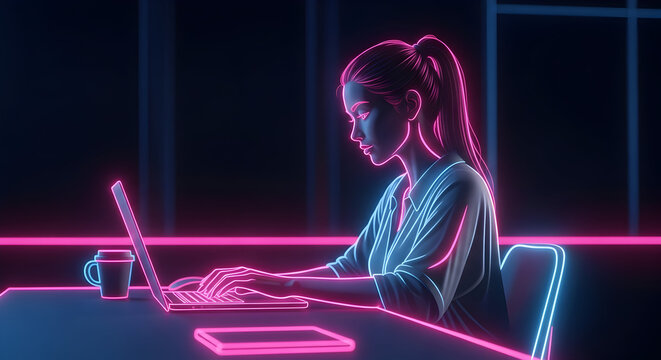 Futuristic Cyborg Human with Cybernetic Enhancements Working on a Computer in a Sci-Fi Laboratory - Powered by Adobe