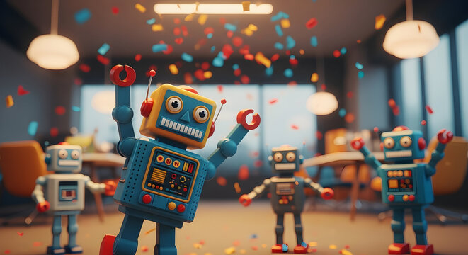 Colorful Cartoon Robots with Mechanical Features and Friendly Expressions in a Playful Tech Laboratory Scene