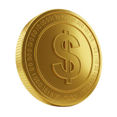 Golden coin with dollar symbol and binary code isolated on transparent background